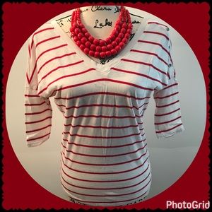 Express Striped 3/4 Sleeve Top with Wide Open Neck